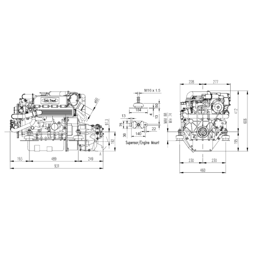 Sol&eacute; Schiffsdiesel Mini 55 Turbo Mit Technodrive Wendegetriebe Tm345, R=2.47:1 - 022206 dims new 1 - 9022207