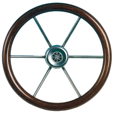 6-Speichen Steuerrad 'Leader Wood' Niro mit Mahagoni Griff, &Oslash;360mm, Tiefe 95,4mm - 062111 72dpi - 9062111