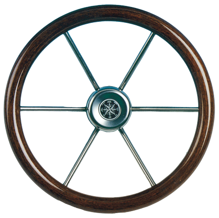 6-Speichen Steuerrad 'Leader Wood' Niro mit Mahagoni Griff, &Oslash;360mm, Tiefe 95,4mm - 062111 72dpi - 9062111
