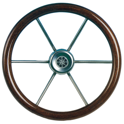 6-Speichen Steuerrad 'Leader Wood' Niro mit Mahagoni Griff, &Oslash;380mm, Tiefe 95,4mm - 062112 72dpi - 9062112