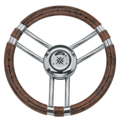 3-Speichen Steuerrad 'Modell 22' Niro Mit Wurzelholz-Look Griff, &Oslash;350mm, Tiefe 60mm - 068711 72dpi - 9068711