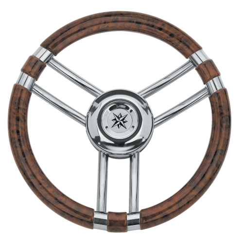 3-Speichen Steuerrad 'Modell 22' Niro Mit Wurzelholz-Look Griff, &Oslash;350mm, Tiefe 60mm - 068711 72dpi - 9068711
