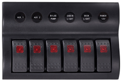 Kunststoff Schalttafel, 12v, 6-Schalter & Led-Indikator, Auto Fuse, Abm. 183x120mm, Wasserdicht, 2x5a, 2x10a, 2x15a Sicherungen - L0611176 72dpi - L0611176