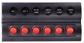 Kunststoff Schalttafel, 12v, 6-Schalter & Led-Indikator, Auto Fuse, Abm. 183x90mm, Wasserdicht, 2x5a, 2x10a, 2x15a Sicherungen - L0611186 72dpi - L0611186