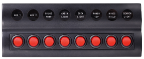 Kunststoff Schalttafel, 12v, 8-Schalter & Led-Indikator, Auto Fuse, Abm. 235x90mm, Wasserdicht, 2x5a, 3x10a, 3x15a Sicherungen - L0611188 72dpi - L0611188