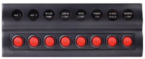 Kunststoff Schalttafel, 12v, 8-Schalter & Led-Indikator, Auto Fuse, Abm. 235x90mm, Wasserdicht, 2x5a, 3x10a, 3x15a Sicherungen - L0611188 72dpi - L0611188