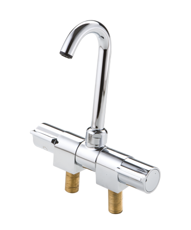 Verchromter 2-Kn&ouml;pfe-Mischhahn, Drehbar, Auslauf &Oslash;14mm, Anschluss 3/8", A=60mm, B=140mm, C=180mm, D=155mm, E=60mm - N0103110 01 72dpi - N0103110
